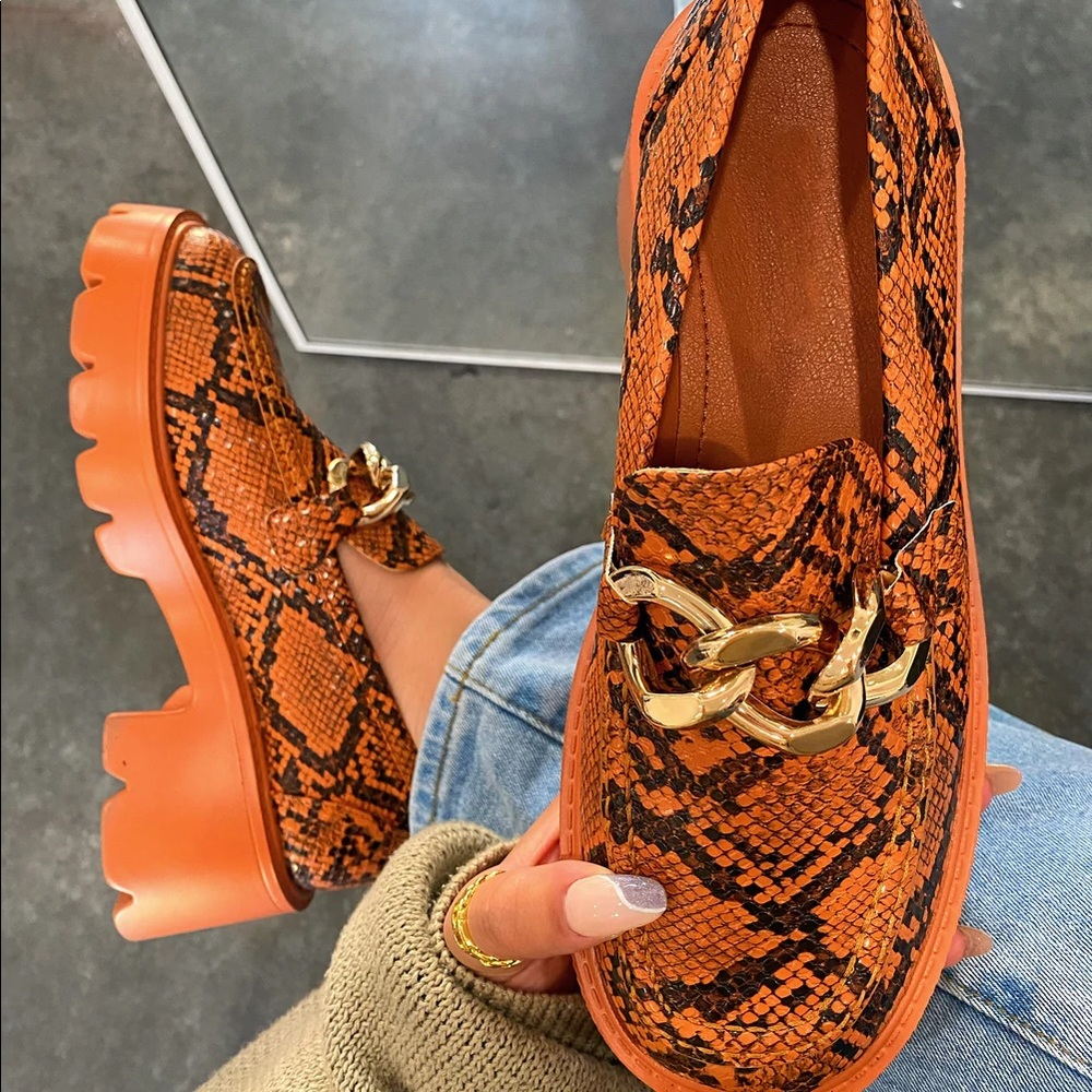 Platform Loafers Slip On - Brown Snakeskin